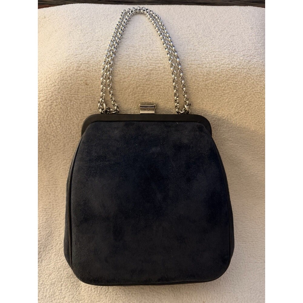 Dark Blue Suede-Look Evening Bag Silver Chain Handle Made in Spain